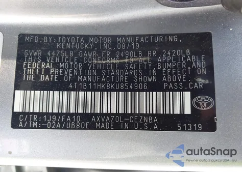 2019 Toyota Camry Le z USA, uszkodzony, nr VIN 4T1B11HK8KU854906